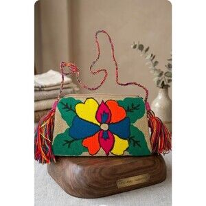 ​Handmade Colombian Wayuu Boho Crossbody Bag - Vibrant Geometric Neon Embroidery